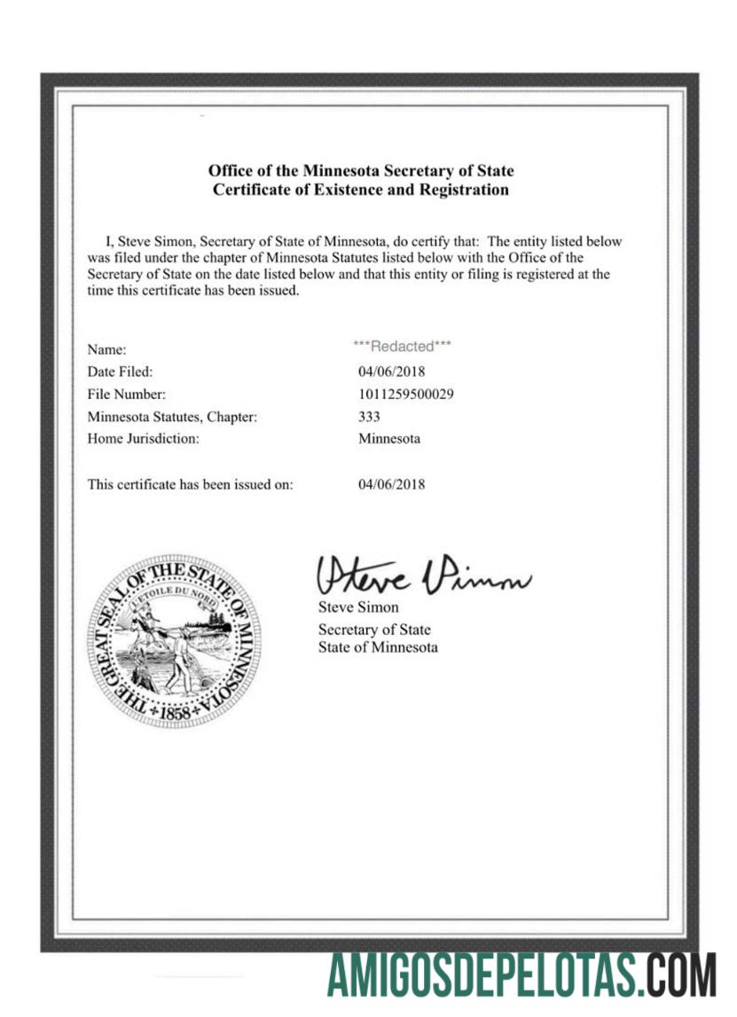 USA Minnesota Certificate Of Good Standing amostra